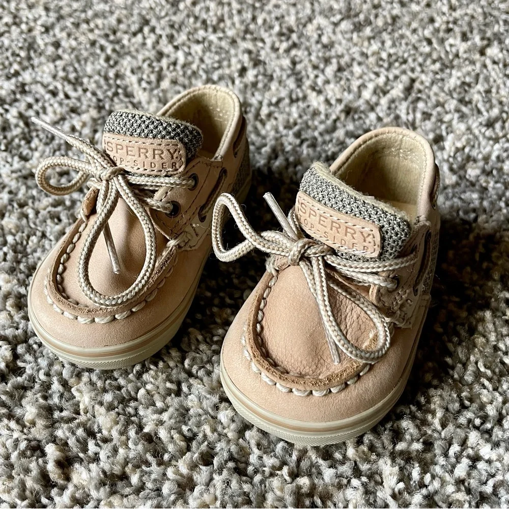 Sperry Bluefish Prewalker Baby Tan and Gray Boat Shoes Size 2M Preppy
